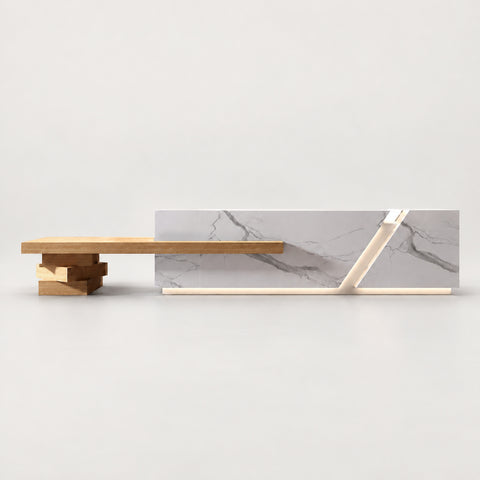 Modern Reception Desk with Keyboard Tray, Lockable & File Drawers for Office Lobby - 87" L x 24" W x 39" H / White Marble + Natural Wood