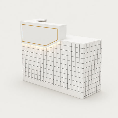 Salon Reception Desk 31-71 in Wide with Keyboard Tray, LED Lighting & Side Storage - 39" L x 18" W x 39" H / White + Lattices / Higher Right Side