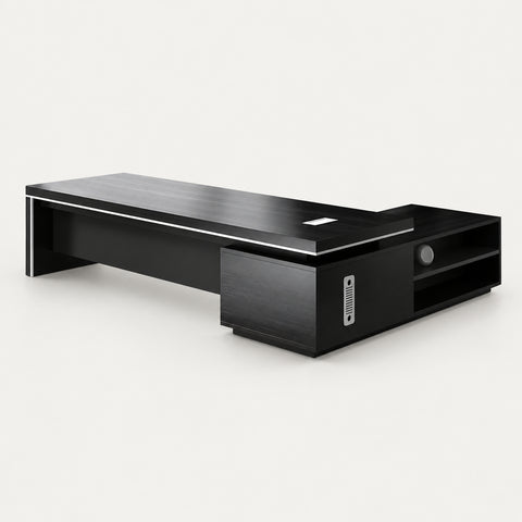 Modern Executive Desk with Cable Management, Side Storage & Lumbar Support for Home Office - 63" L x 63" W x 31" H / Desk / Side Cabinet on the Left / Black