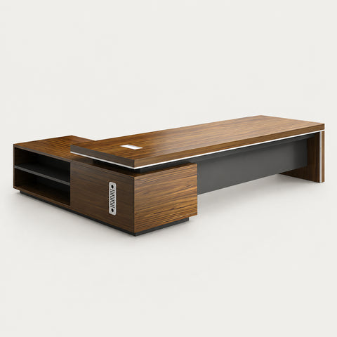 Modern Executive Desk with Cable Management, Side Storage & Lumbar Support for Home Office - 102" L x 63" W x 30" H / Desk / Side Cabinet on the Right / Walnut