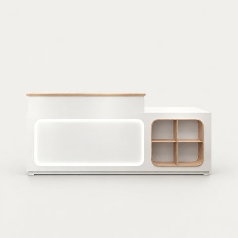 Curved Reception Desk 39-94 in Wide with LED Lighting, Keyboard Tray & Cable Management - 39" L x 20" W x 39" H / White / I-shape/Inside View - Right Side Higher