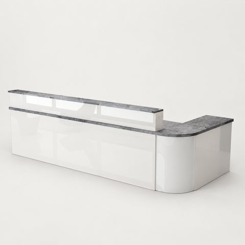 L-Shaped Reception Desk 59-102 in Wide with Lockable, File Drawers & Transaction Counter - 87" L x 24" W x 39" H / White + Gray Stone / Rounded Corner on the Left