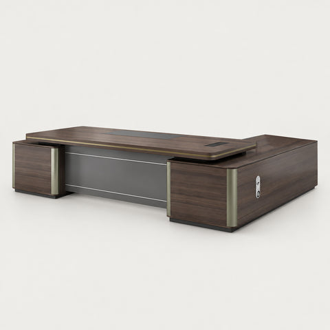 Modern Executive Desk 22-126 in Wide with Curved & Cable Management for Home Office - 94" L x 71" W x 30" H (Desk) / Brown Oak / Side Cabinet on the Left