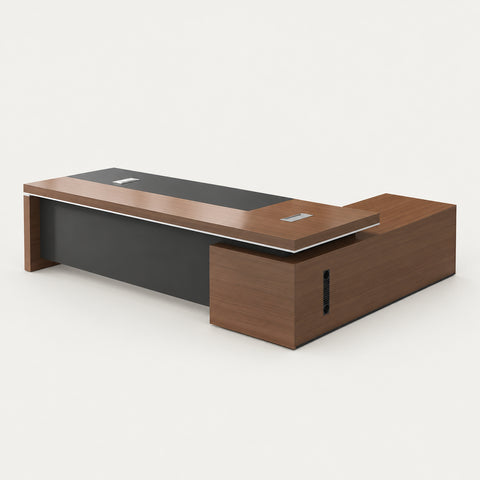 Modern Executive Desk with Cable Management, Side Storage & Lumbar Support for Home Office - 110" L x 71" W x 30" H / Walnut / Desk / Side Cabinet on the Left