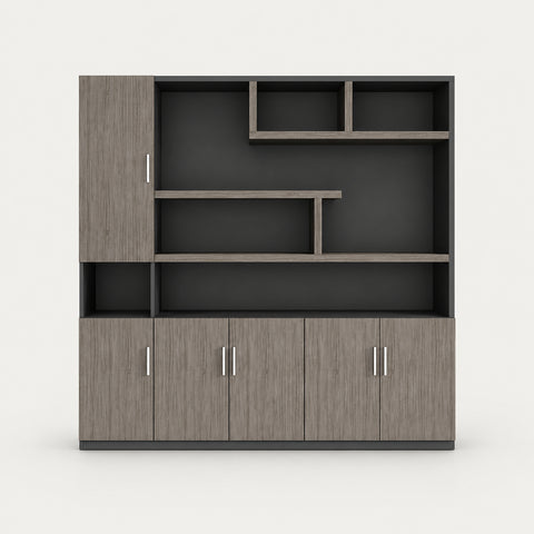 Modern Executive Desk with Cable Management, Side Storage & Lumbar Support for Home Office - 79" L x 16" W x 79" H / Gray Oak / File Cabinet