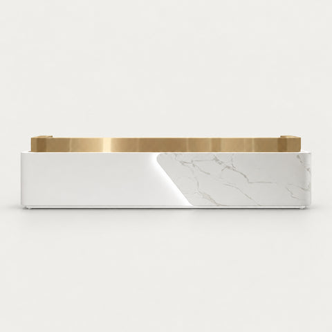 Salon Reception Desk 71-142 in Wide with Dual-Tone & LED Lighting for Salon - 134" L x 24" W x 39" H / Gold + White Marble