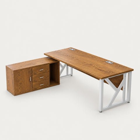 Modern Executive Desk 47-79 in Wide with Cable Management for Home Office - 55" L x 31" W x 30" H + 47" L x 16" W x 24" H（With Cabinet） / White Shelf / White Oak / Cabinet on the Left