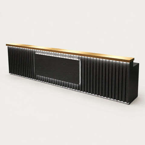 Salon Reception Desk 39-157 in Wide with LED Lighting, Fluted Front & Keyboard Tray - 39" L x 24" W x 39" H / Natural Wood + Black Wood Grain / Straight Reception Desk with Counter