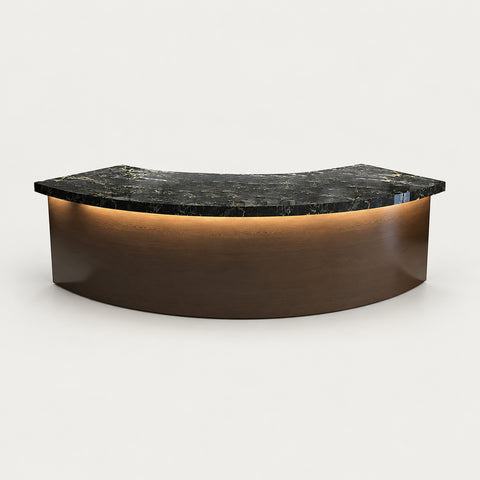 Curved Reception Desk 59-181 in Wide with Solid Wood & Lumbar Support for Office Lobby - 157" L x 28" W x 39" H / Black Gold + Coffee Brown