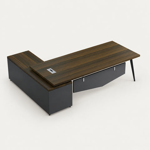 Modern Executive Desk 51-75 in Wide with Cable Management, Lumbar Support & Privacy Panel - 67" L x 55" W x 30" H / Walnut + Dark Gray / Side Cabinet on the Right