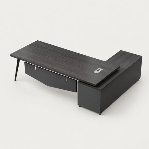 Modern Executive Desk 51-75 in Wide with Cable Management, Lumbar Support & Privacy Panel - 51" L x 47" W x 30" H / Gray Oak + Dark Gray / Side Cabinet on the Left