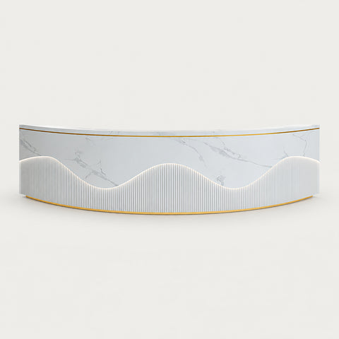 Curved Reception Desk 59-205 in Wide with Keyboard Tray, File Drawers & LED Lighting - 87" L x 24" W x 39" H / White Marble