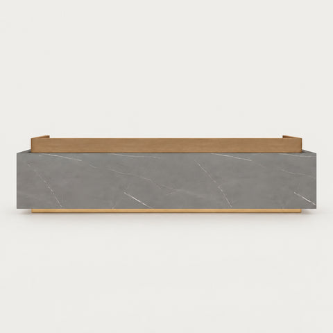Curved Reception Desk 59-157 in Wide with Dual-Tone, LED Lighting & Lumbar Support - 87" L x 24" W x 39" H / Wood + Gray