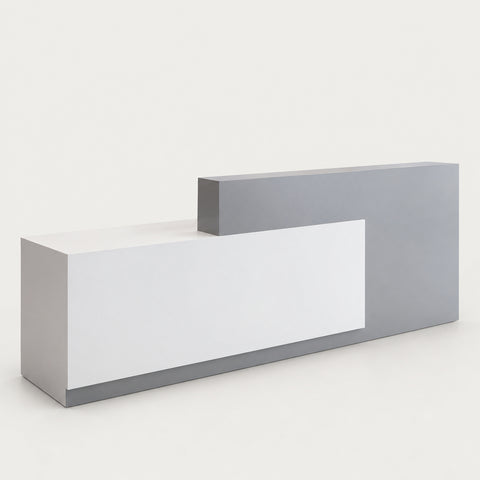 Modern Reception Desk 47-126 in Wide with Lumbar Support for Office Lobby - 126" L x 24" W x 39" H / Gray with White / Inside View - Left Side Higher