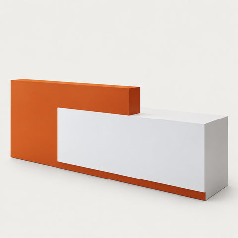 Modern Reception Desk 47-126 in Wide with Lumbar Support for Office Lobby - 47" L x 24" W x 39" H / Orange with White / Inside View - Right Side Higher