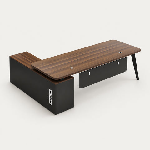 Modern Executive Desk with Cable Management, Curved & Side Storage for Home Office - 47" L x 47" W x 30" H / Walnut / Desk / Left or Right (Interchangeable)