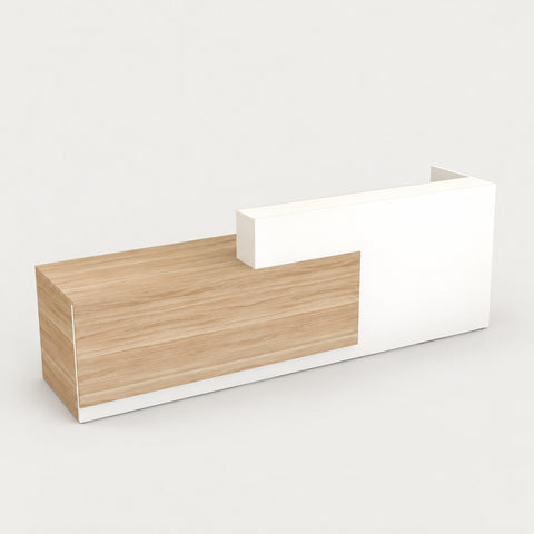 Salon Reception Desk 71-118 in Wide with Dual-Tone, Keyboard Tray & Lockable for Salon - 71" L x 24" W x 39" H / Matte White + Natura / Inside View - Left Side Higher