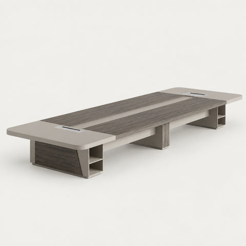 Rectangular Conference Table with Cable Management, Side Storage & Breathable Mesh - 217" L x 59" W x 30" H / Light Walnut + Khaki