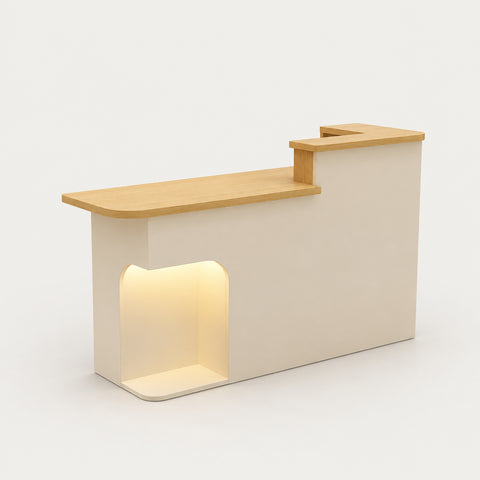 Curved Reception Desk 31-87 in Wide with Lockable & Lumbar Support for Salon - 31" L x 20" W x 41" H / Natural + Creamy / Inside View - Left Side Higher