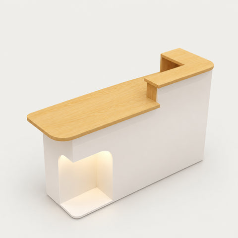 Curved Reception Desk 31-87 in Wide with Lockable & Lumbar Support for Salon - 31" L x 20" W x 41" H / Natural + White / Inside View - Left Side Higher
