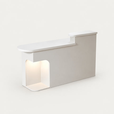 Curved Reception Desk 31-87 in Wide with Lockable & Lumbar Support for Salon - 31" L x 20" W x 41" H / White / Inside View - Left Side Higher