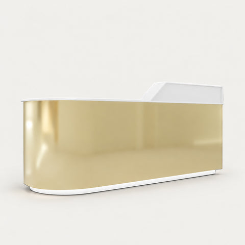 Curved Reception Desk 39-118 in Wide with Stainless Steel, LED Lighting & Lumbar Support - 94" L x 24" W x 39" H / Gold Brushed