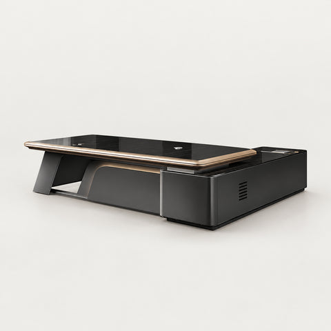 Modern Executive Desk with Side Storage, Curved & Cable Management for Home Office - 79" L x 63" W x 30" H (Desk) / Side Cabinet on the Left
