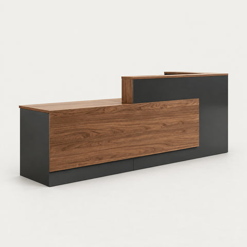 Modern Reception Desk with Keyboard Tray, Lockable & File Drawers for Office Lobby - 87" L x 39" W x 41" H / Inside View - Left Corner