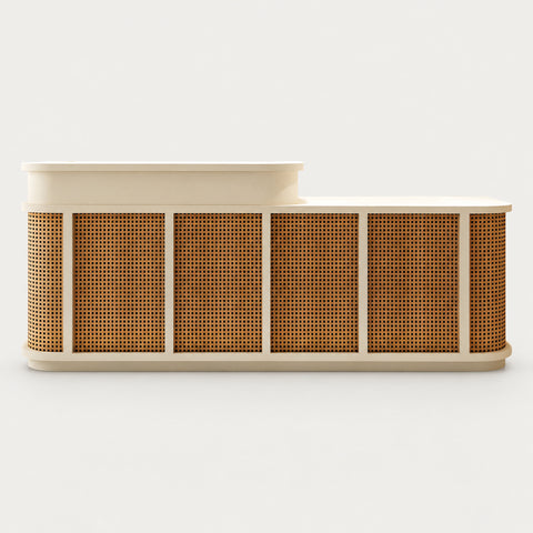 Curved Reception Desk with Keyboard Tray, Rattan & Lockable for Office Lobby - 79" L × 24" W × 39" H / Coffee Brown & Off-White / Inside View - Right Side Higher