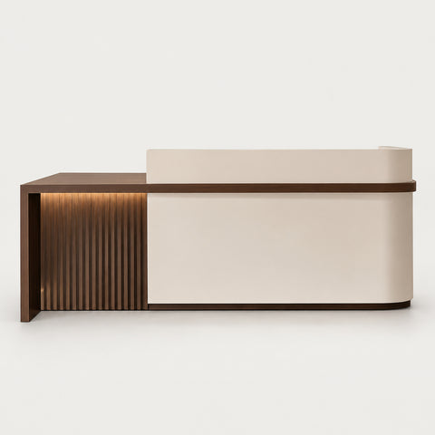 Curved Reception Desk 47-157 in Wide with Transaction Counter for Salon - 47" L x 24" W x 39" H / Beige + Coffee Wood Grain / Inside View - Left Side Higher