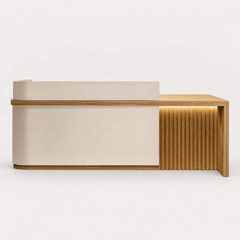 Curved Reception Desk 47-157 in Wide with Transaction Counter for Salon - 47" L x 24" W x 39" H / Beige + Natural Wood / Inside View - Right Side Higher