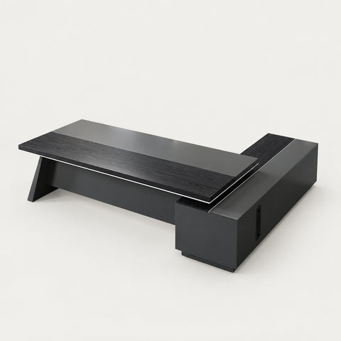 L-Shaped Executive Desk 79-87 in Wide with File Drawers for Home Office - 79" L x 63" W x 30" H / Gray & Black / Side Cabinet on the Left