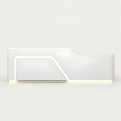 Curved Reception Desk 55-134 in Wide with Keyboard Tray, File Drawers & Lockable for Salon - 94" L x 24" W x 39" H / White / Inside View - Right Side Higher