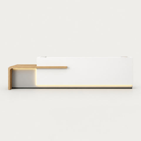 Retail Reception Desk 71-134 in Wide with Cable Management, Dual-Tone & File Drawers - 126" L x 24" W x 41" H / White / Higher Left Side