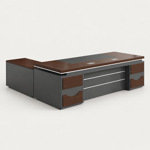 L-Shaped Executive Desk with Cable Management, Side Storage & Lumbar Support - 87" L x 79" W x 30" H / Desk / With Long Side Cabinet / Dark Walnut