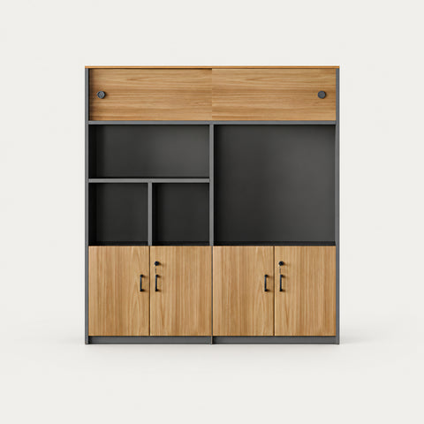 L-Shaped Executive Desk with Cable Management, Side Storage & Lumbar Support - 63" L x 16" W x 79" H / File Cabinet / Light Walnut