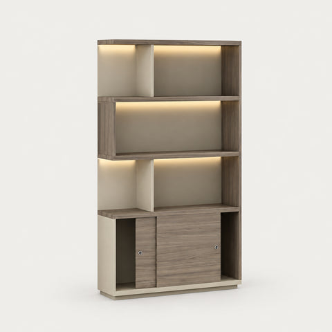 L-Shaped Executive Desk with Cable Management, Dual-Tone & LED Lighting for Home Office - 47" L x 16" W x 79" H（Bookcase） / Display Rack / Light Walnut + Khaki