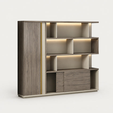 L-Shaped Executive Desk with Cable Management, Dual-Tone & LED Lighting for Home Office - 94" L x 16" W x 79" H（Bookcase） / Display Rack / Light Walnut + Khaki