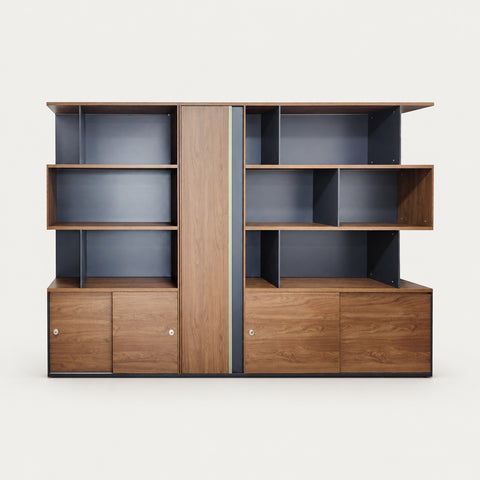 L-Shaped Executive Desk with Cable Management, Dual-Tone & LED Lighting for Home Office - 142"L x 16" W x 79" H（Bookcase） / Display Rack / Red Walnut + Dark Gray