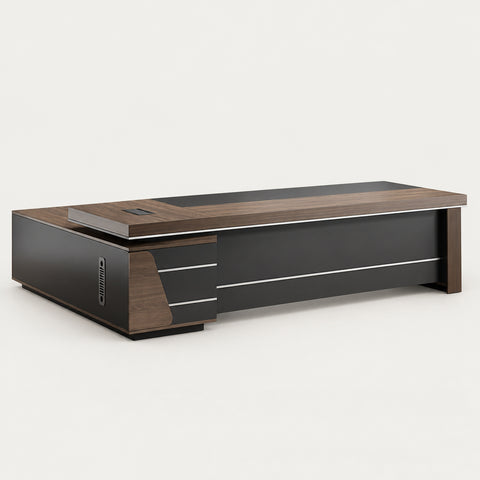 L-Shaped Executive Desk with Lockable, Side Storage & File Drawers for Home Office - 71" L x 63" W x 30" H / Teak / Desk / Side Cabinet on the Right