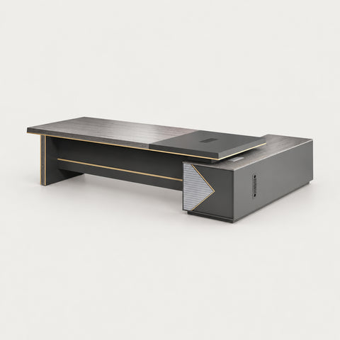 Modern Executive Desk with Cable Management, Side Storage & Lumbar Support for Home Office - 87" L x 63" W x 30" H / Gray / Desk / Side Cabinet on the Left