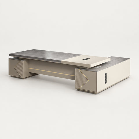Modern Executive Desk with Cable Management, Side Storage & Lumbar Support for Home Office - 79" L x 63" W x 30" H / Khaki / Desk / Side Cabinet on the Left