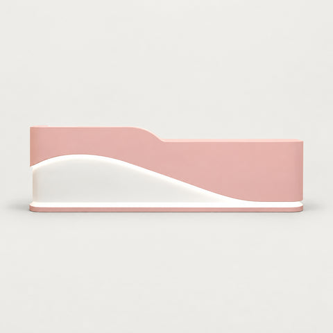 Curved Reception Desk 47-94 in Wide with Keyboard Tray, File Drawers & LED Lighting - 63" L x 24" W x 39" H / Inside View - Right Side Higher / Pink + White