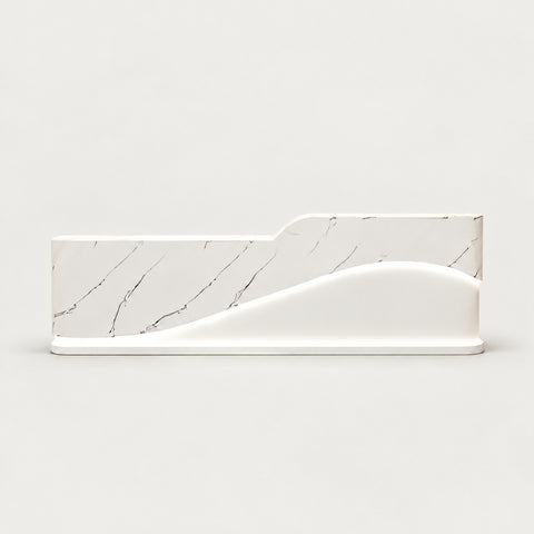 Curved Reception Desk 47-94 in Wide with Keyboard Tray, File Drawers & LED Lighting - 47" L x 24" W x 39" H / Inside View - Left Side Higher / White Marble 1 + White