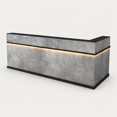 Curved Reception Desk 71-134 in Wide with Keyboard Tray, Lockable & LED Lighting for Salon - 71" L x 24" W x 39" H / Gray Marble / Corner on the Left