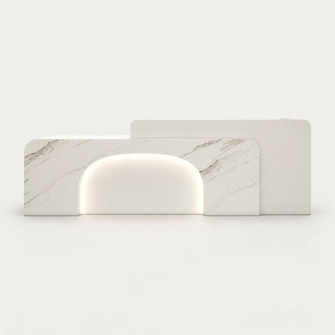 Curved Reception Desk 47-150 in Wide with LED Lighting, Keyboard Tray & File Drawers - 150" L x 24" W x 39" H / White B