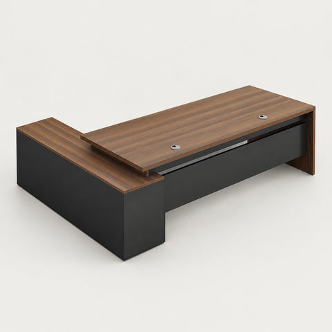 Modern Executive Desk with Cable Management, Side Storage & Privacy Panel for Home Office - 71" L x 31" W x 30" H (Desk) / Brown + Black / Side Cabinet on the Right