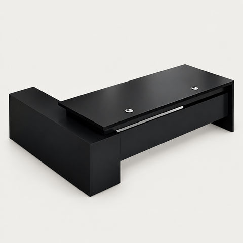 Modern Executive Desk with Cable Management, Side Storage & Privacy Panel for Home Office - 71" L x 31" W x 30" H (Desk) / Black + Black / Side Cabinet on the Right