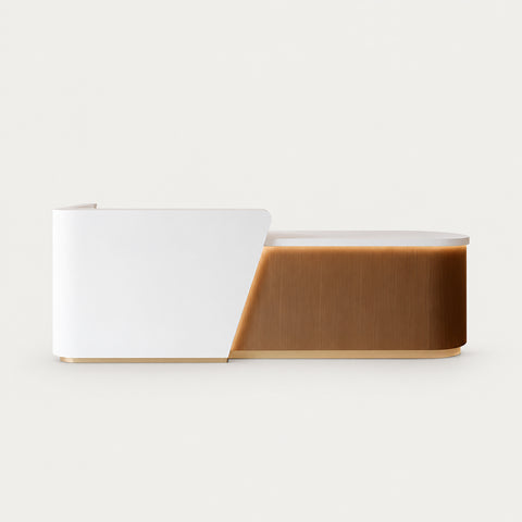 Curved Reception Desk 47-157 in Wide with LED Lighting, Lockable & File Drawers for Salon - 63" L x 24" W x 40" H / White + Coffee Wood Grain / Right Transaction Counter