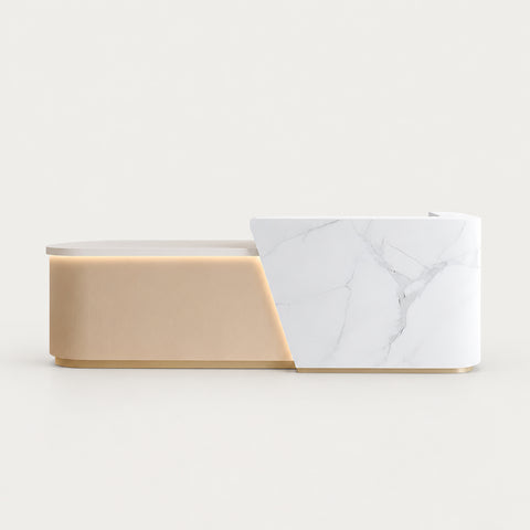 Curved Reception Desk 47-157 in Wide with LED Lighting, Lockable & File Drawers for Salon - 94" L x 24" W x 40" H / Fish Belly White + Natural Wood / Left Transaction Counter